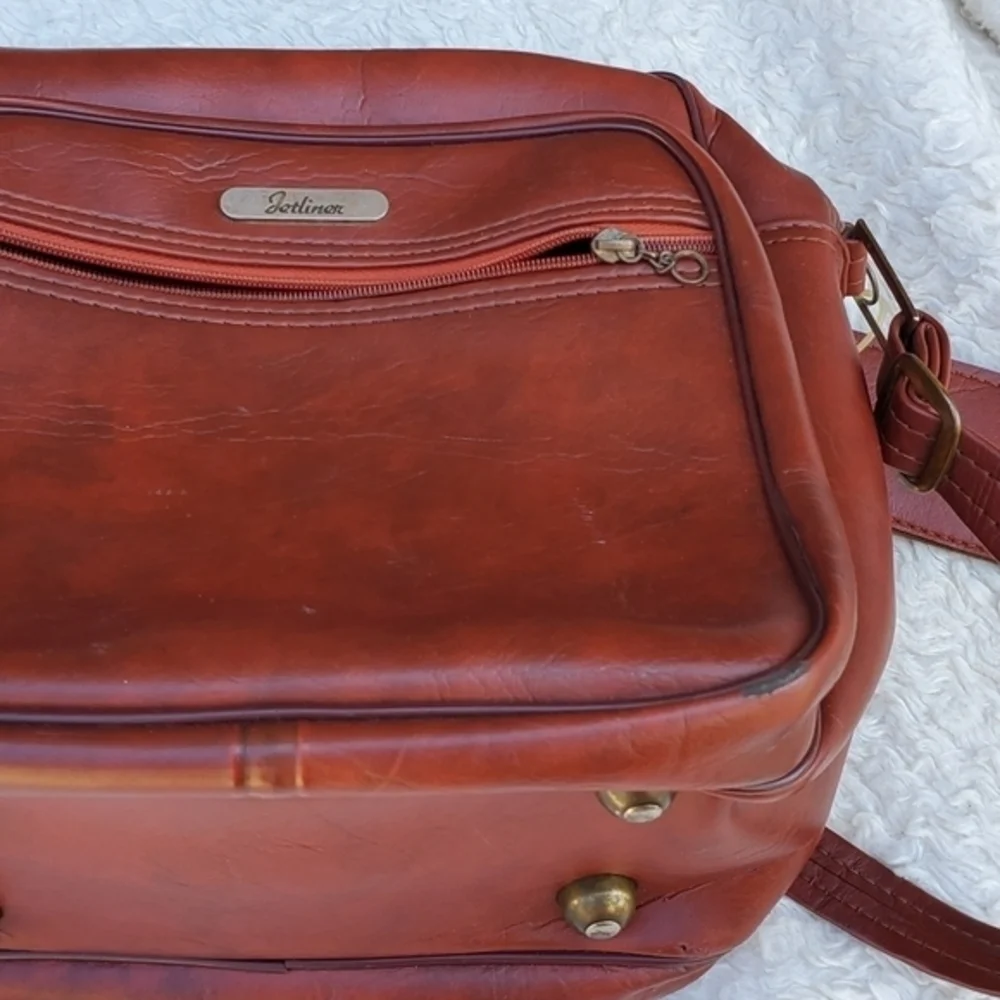 Vintage Jetliner Cognac Brown Leather Crossbody Bag Retro Travel Camera Purse